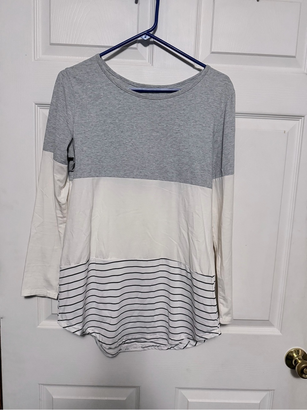 Amazon Grey and White Colorblock Long Sleeve Top with Striped Hem
